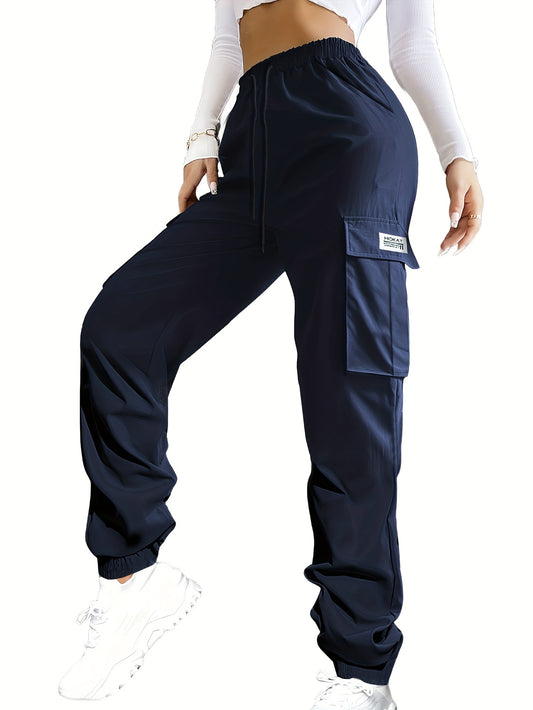 Women'S Zippered Pocket Cargo Pants, Stylish Large Pocket Design, Drawstring Elastic Waistband, Casual Outdoor/everyday Wear Trousers