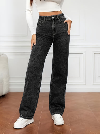 Light Blue Denim Zip Closure Straight Denim Trousers, High-waisted Street, Minimalist Design, Casual And Versatile, Loose Four-season Plus Size Jeans