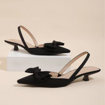Fashionable Women's High Heel Sandals, Women's High Heels, Exquisite Women's Shoes with A Gentle Style, Black Satin Heels, Pointed Toe with A Bow And Kitten Heel Design, Suitable for Work, Dates, And Daily Commutes. Local Warehouse., Women Shoes