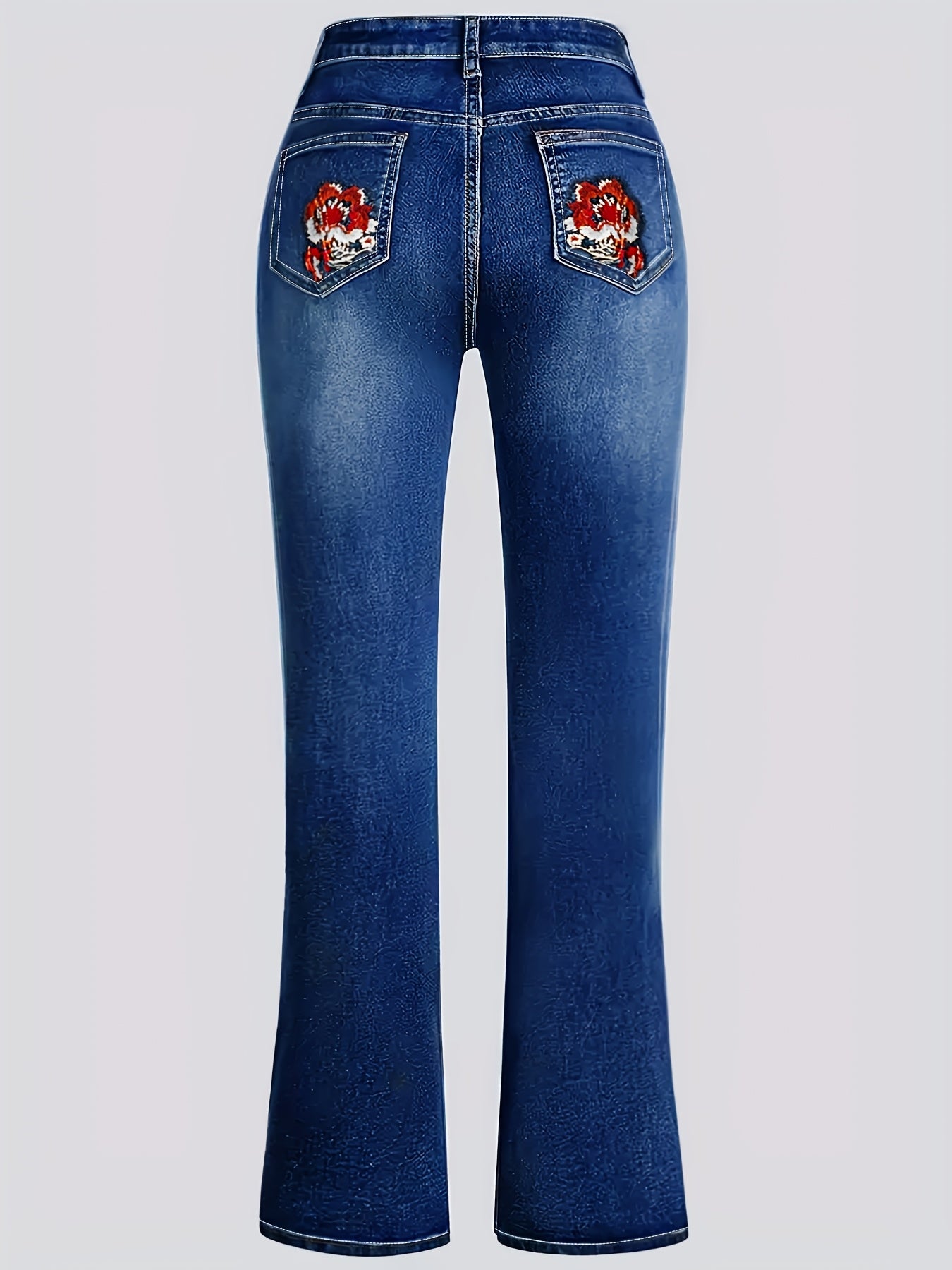 Women's Plus Size Light Blue Solid Denim Jeans - Side Ankle Floral Embroidery Whiskered Flared Legs High-Waisted Medium Stretch - Elegant Comfort Date Night Outing Plus Size Denim