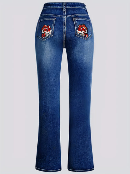Women's Plus Size Light Blue Solid Denim Jeans - Side Ankle Floral Embroidery Whiskered Flared Legs High-Waisted Medium Stretch - Elegant Comfort Date Night Outing Plus Size Denim