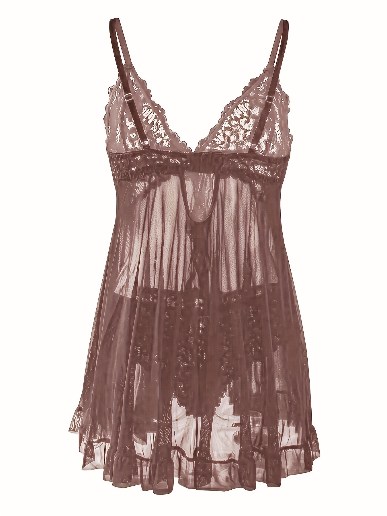Big Size Sultry Valentine Lace Sleepwear Dress Set - Exquisite Lace, Flattering V-Neckline, Daring Backless Design, Delicate Ruffle Trim, Trendy Split Hem, Seductive Thong Detail, Ultra-Comfortable Fabric, Perfect For Romantic Night, Anniversary Gift