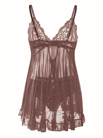 Big Size Sultry Valentine Lace Sleepwear Dress Set - Exquisite Lace, Flattering V-Neckline, Daring Backless Design, Delicate Ruffle Trim, Trendy Split Hem, Seductive Thong Detail, Ultra-Comfortable Fabric, Perfect For Romantic Night, Anniversary Gift