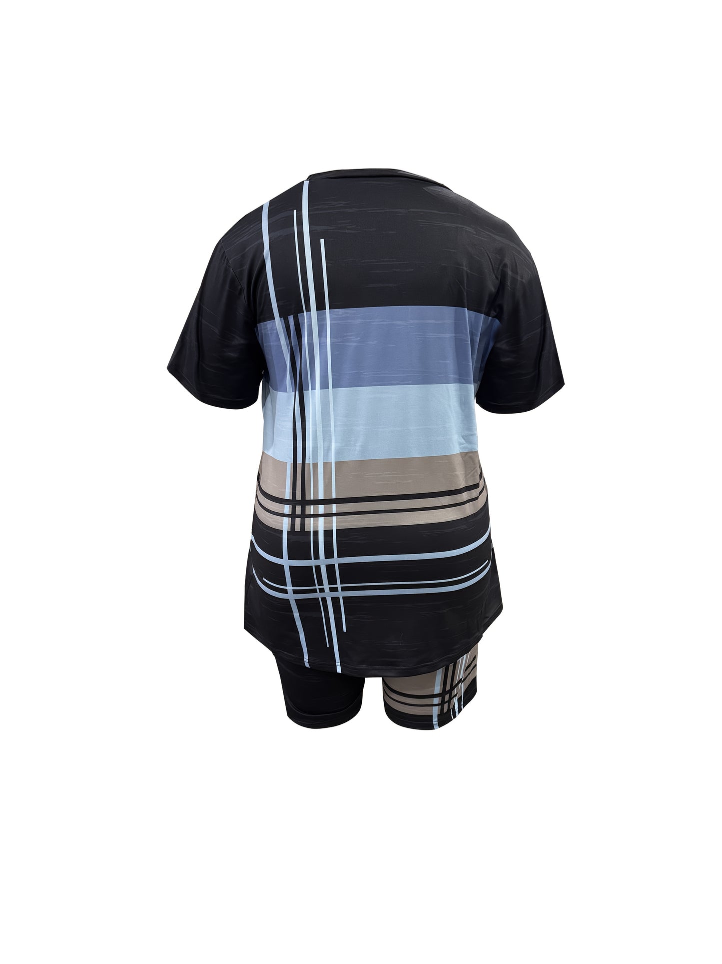 [Casual Printing Suit] Plus Size - Ladies Striped Short-Sleeved Shorts Fashion Casual Printing Suit, Pockets, Bullets, Suitable For Everyday Wear