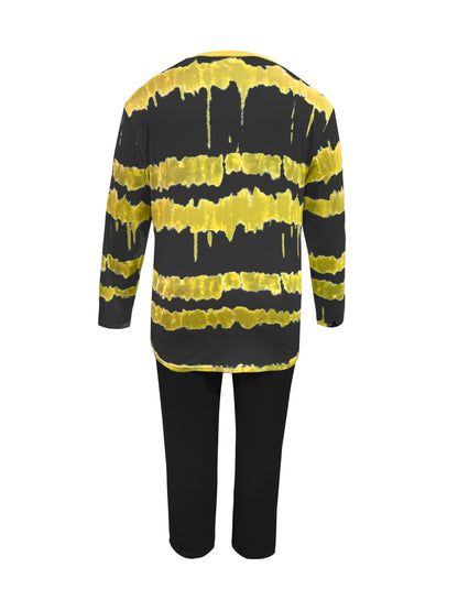 Plus Size - Plus-size Fashion Tie-dye Striped Print Long-sleeved Trousers Suit, Suitable For Going Out