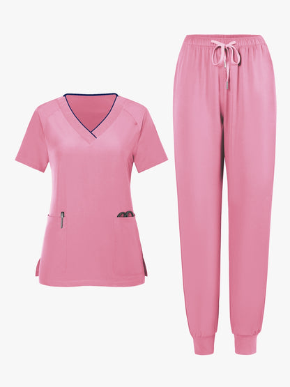 2pcs Set Of Top And Pants, Women's V-neck Frosted Breathable Pocket S Uniform, Brushed Hand Clothes, Work Clothes, Hand Washing Clothes, Pocket Clothes, Leg Binding Pants Set