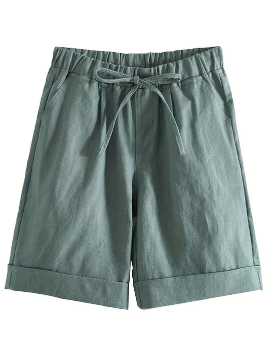Solid Color Drawstring Comfy Shorts, Casual Rolled Hem Pocket Shorts for Spring & Summer, Women's Clothing