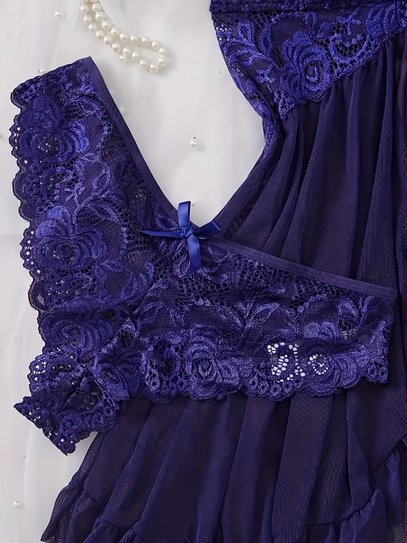 Big Size Sultry Valentine Lace Sleepwear Dress Set - Exquisite Lace, Flattering V-Neckline, Daring Backless Design, Delicate Ruffle Trim, Trendy Split Hem, Seductive Thong Detail, Ultra-Comfortable Fabric, Perfect for Romantic Night, Anniversary Gift