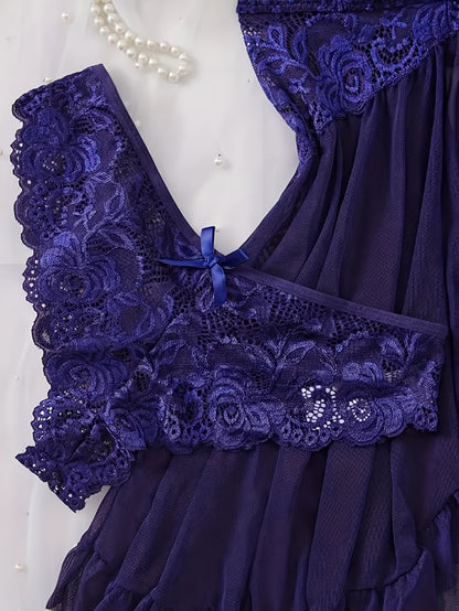 Big Size Sultry Valentine Lace Sleepwear Dress Set - Exquisite Lace, Flattering V-Neckline, Daring Backless Design, Delicate Ruffle Trim, Trendy Split Hem, Seductive Thong Detail, Ultra-Comfortable Fabric, Perfect for Romantic Night, Anniversary Gift