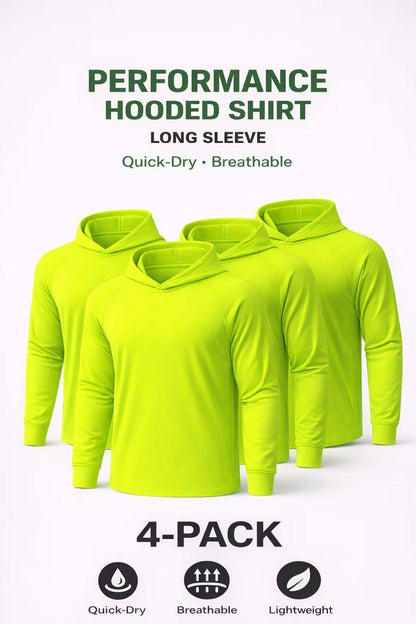 4 Pack Men's Hi Vis Performance Hooded Shirts, Long Sleeve Quick Dry Moisture Wicking UPF 50+ Lightweight Work Shirts with BONUS Performance Neck Gaiter