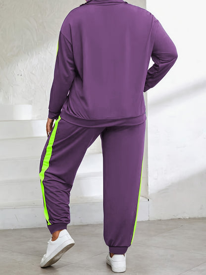 Plus Size, Plus Size Women's Spring And Autumn Contrast Color Casual Suit, Half Zip Pullover Long Sleeve Top And Trousers Two-Piece Set