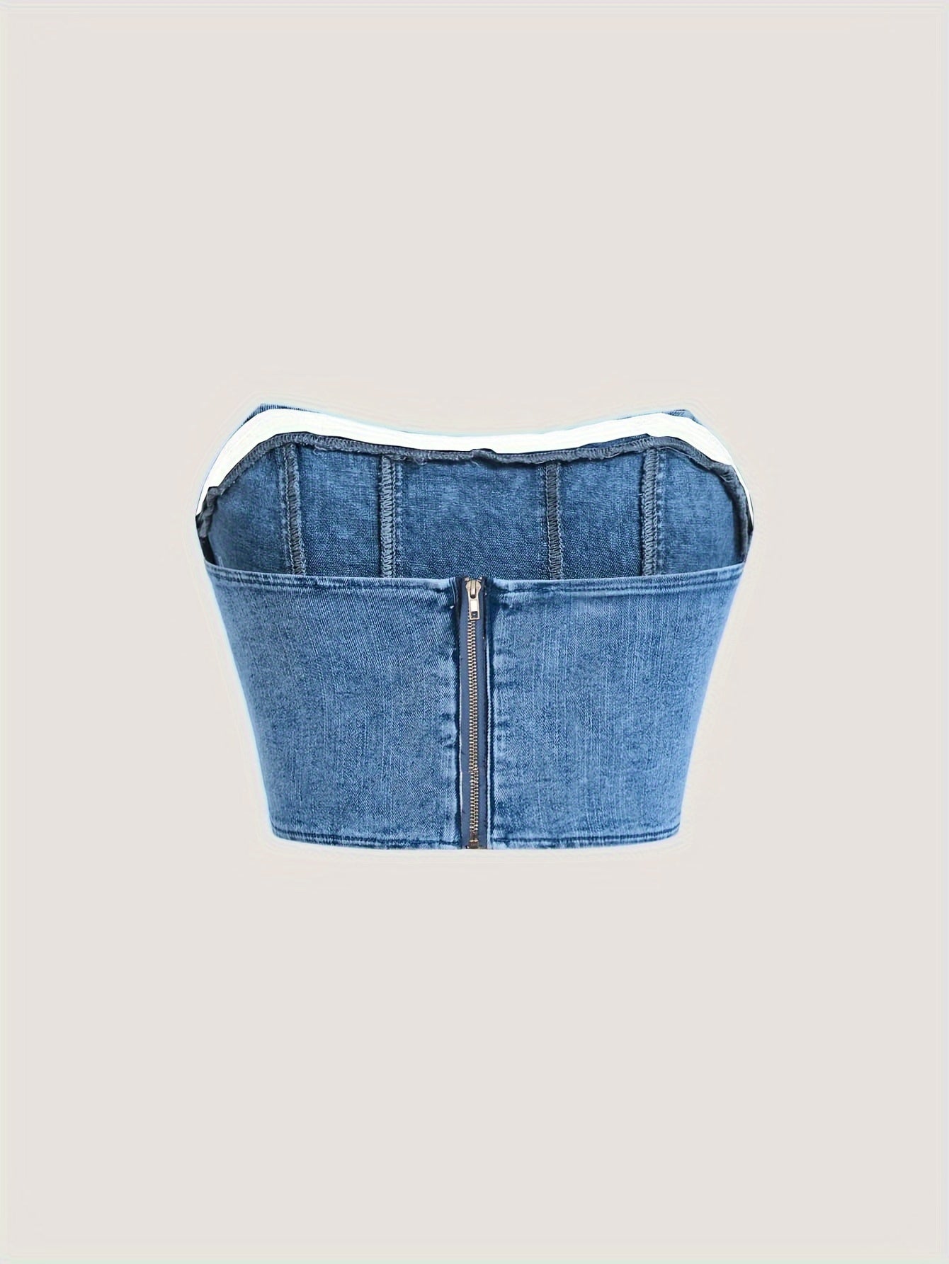 Women's High-Stretch Denim Bandeau Top with Back Zipper - Slim Fit Off-Shoulder Light Blue Washed Jean Tube Blouse, Machine Washable Spring Summer Fall Casual & Dressy Outfits