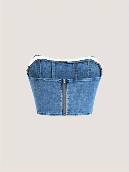Women's High-Stretch Denim Bandeau Top with Back Zipper - Slim Fit Off-Shoulder Light Blue Washed Jean Tube Blouse, Machine Washable Spring Summer Fall Casual & Dressy Outfits
