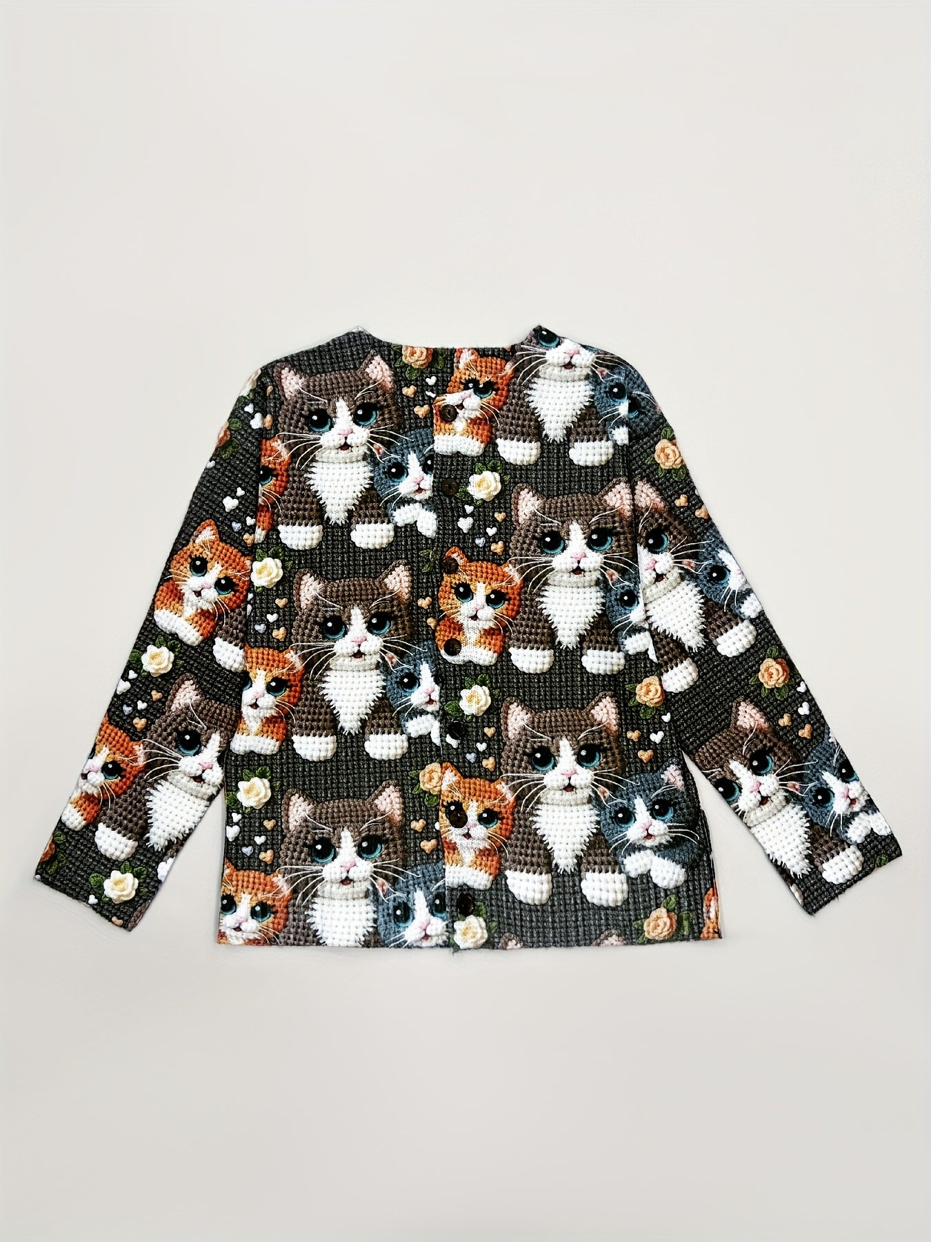 2025 Women's Long Sleeve 3D Printed Crochet Cat Print Cardigan Sweater in Youthful Style