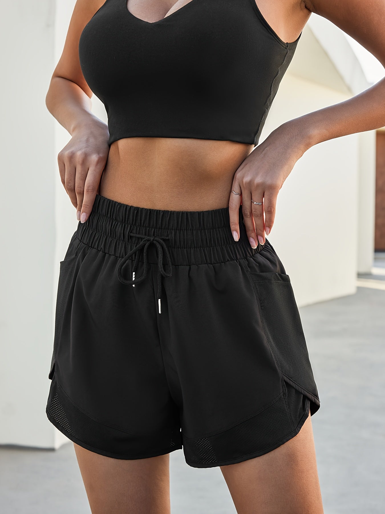 Women's Quick-Dry Shorts with Mesh Pockets, Breathable Polyester-Spandex Blend, Adjustable Drawstring Waist, Comfortable Elastic Waistband - Mint Green, Perfect for Casual Wear