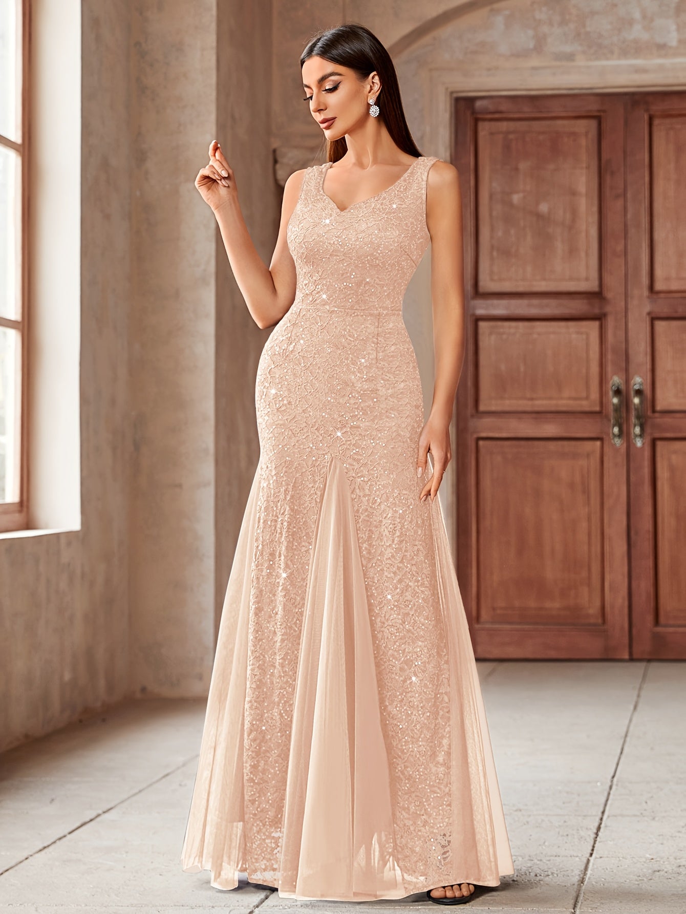 23218 Elegant Women's Sequin Lace Long Evening Bridesmaid Dress, Sweetheart Neckline Sleeveless Design with Slit Tulle Mermaid Hem, Perfect for Formal Wedding Party