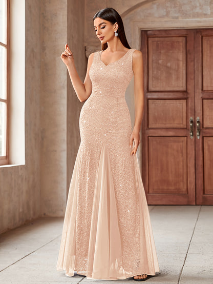 23218 Elegant Women's Sequin Lace Long Evening Bridesmaid Dress, Sweetheart Neckline Sleeveless Design with Slit Tulle Mermaid Hem, Perfect for Formal Wedding Party