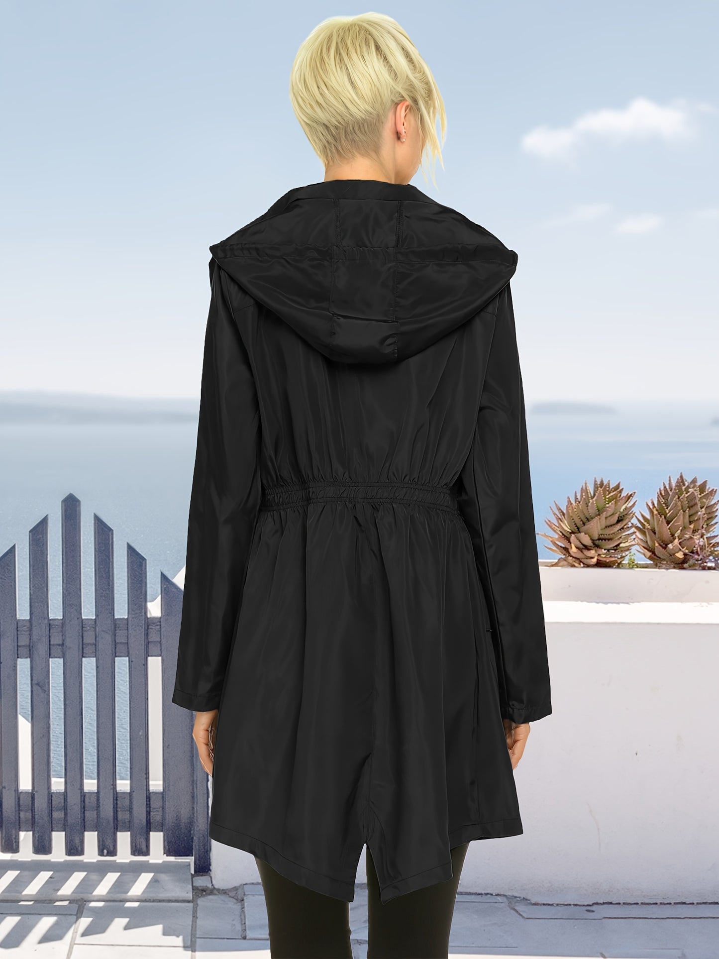 Women'S Lightweight Hooded Rain Jacket - Casual Outdoor Jacket with Drawstring Hood, Zippered Pockets & Solid Color Design for Spring/Fall, Raincoat for Women