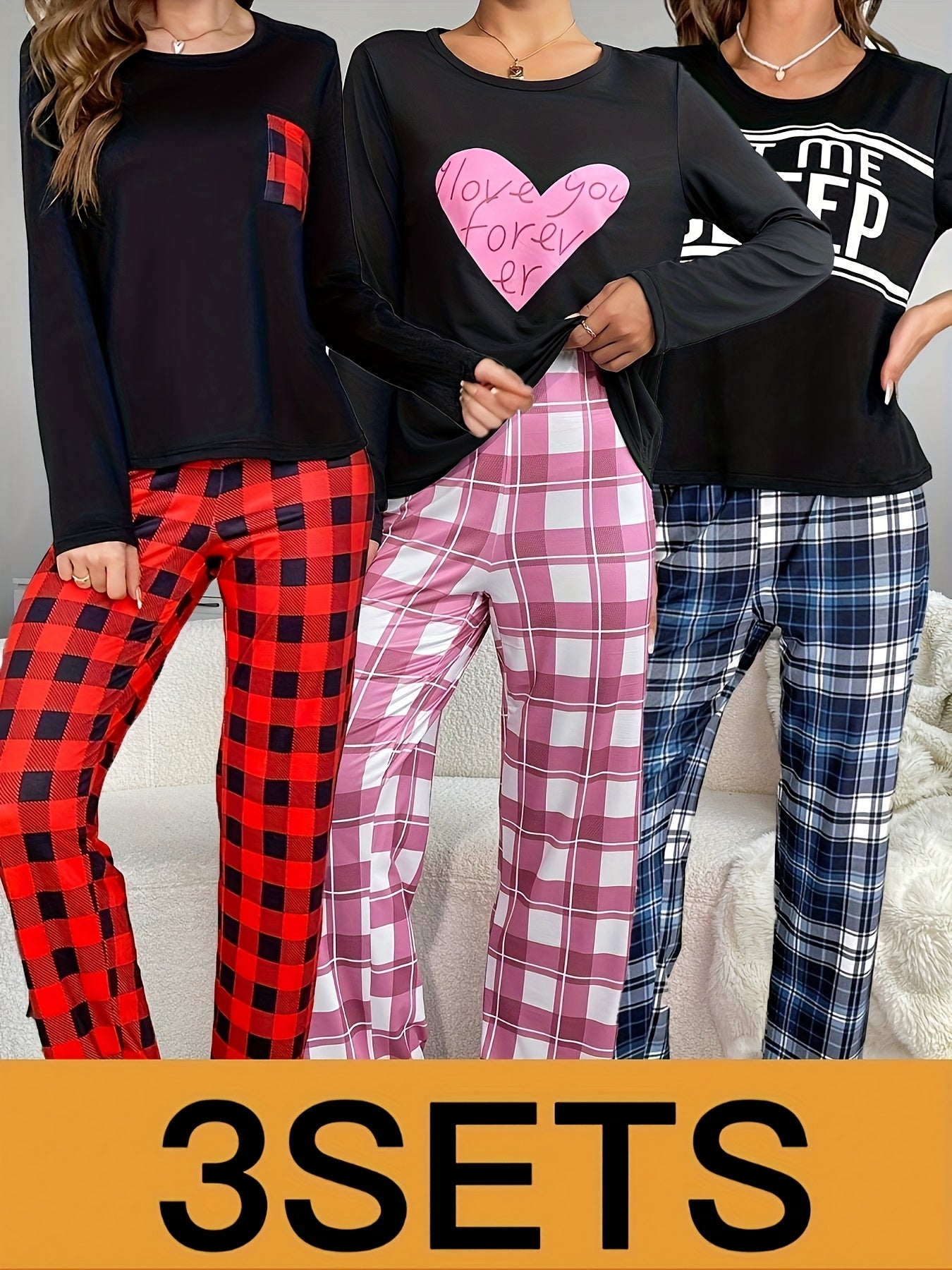 New Style Pajama Set for Women, Casual Indoor Home Wear, Letter Printed Long-sleeved And Short-sleeved Tops, Checked Trousers, Six-piece Set
