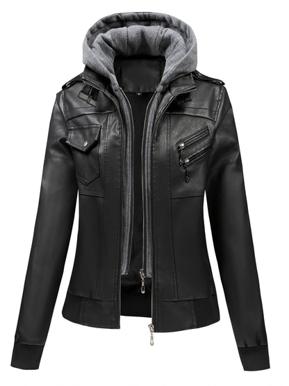 Women'S Faux Leather Jacket Hooded Autumn And Winter Faux Leather Jacket Women'S Faux Leather Jacket