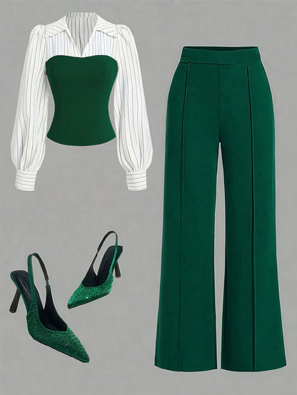 2pcss Women'S Thin Striped Patchwork Elegant Casual 2pcs Set, Long Sleeve Top And Pants