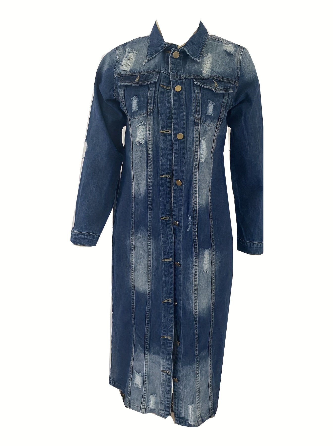 Long Denim Jacket With Worn Holes, Long Denim Trench Coat For Women