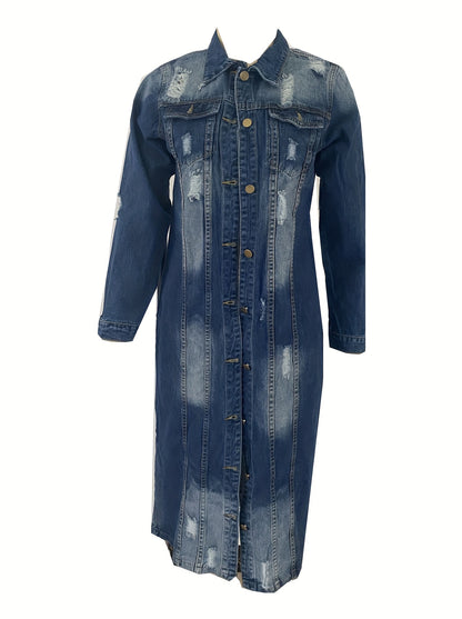 Long Denim Jacket With Worn Holes, Long Denim Trench Coat For Women