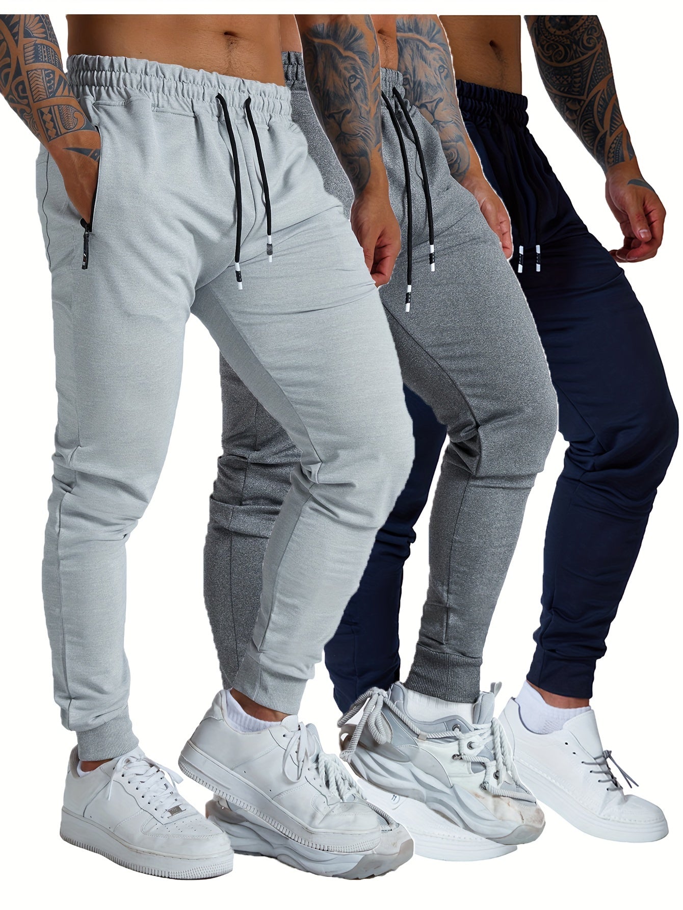 3PCS Men's Sweatpants with Zipper Pockets Tapered Joggers for Men - Athletic Pants for Workout, Jogging, Running - Breathable & Comfortable Fabric - Suitable for Men - Perfect for Fitness Enthusiasts