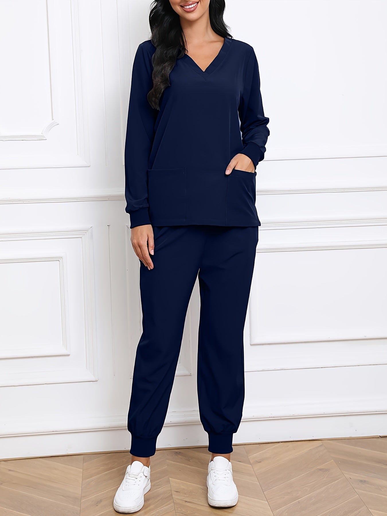 Women'S V-Neck Long Sleeve Elastic Uniform Set with Pockets, Breathable Stretch Top And Waist Cord Pocket Pants Two-Piece Set