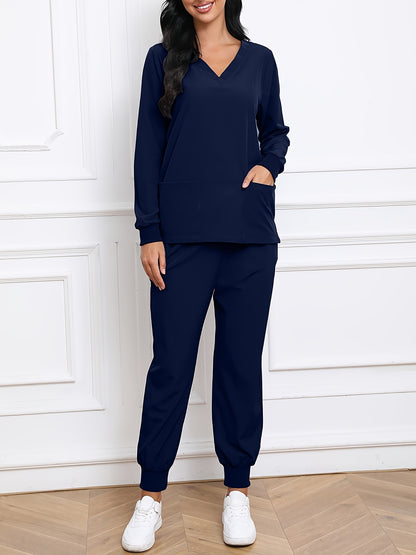 Women'S V-Neck Long Sleeve Elastic Uniform Set with Pockets, Breathable Stretch Top And Waist Cord Pocket Pants Two-Piece Set