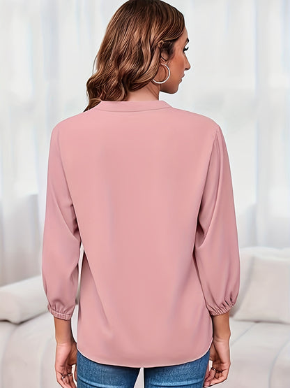 Solid Color Zipper Up Blouse, Casual V Neck Long Sleeve Blouse For Spring & Fall, Women'S Clothing