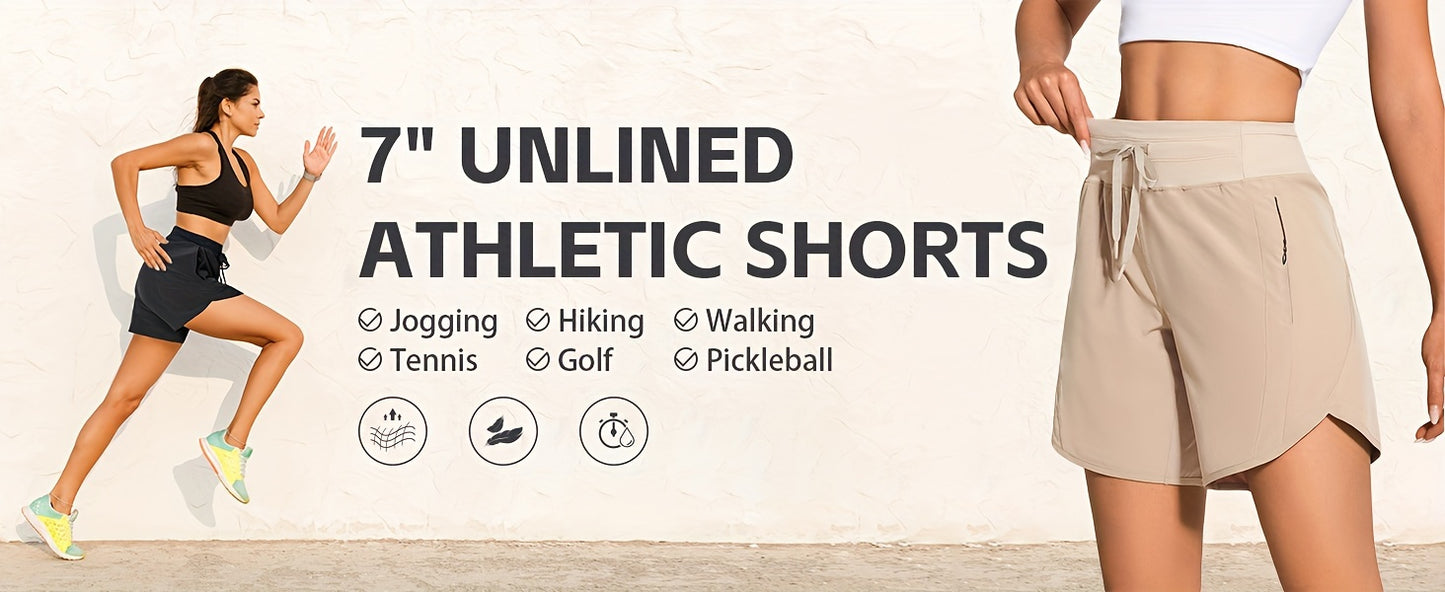 7" Shorts for Women High Waist Quick Dry Shorts with 3 Zipper Pockets Lounge Casual