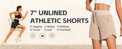 7" Shorts for Women High Waist Quick Dry Shorts with 3 Zipper Pockets Lounge Casual