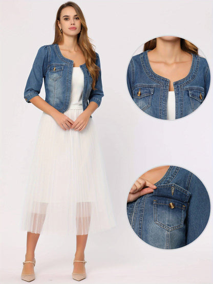 Denim Jacket for Women' S Collarless 2025 Cardigan 3/4 Sleeve Crop Jean Jackets