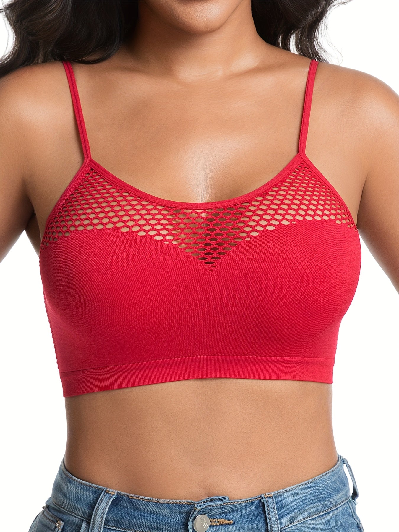 Set of 5 Colorful Women'S Casual Sports Bras, Designed Without Wires Or Padding for Daily Use, Showcasing an Alluring Fishnet Pattern That Accentuates The Bust, a Lovely Back, And Adjustable Straps