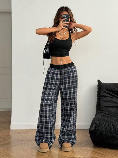1pc Black White Plaid High Waist Wide Leg Pants for Women, Gift for Girlfriend Best Friend, Daily Outing Loungewear French Retro Pants, Comfy Chic Trousers with Slouchy Fit
