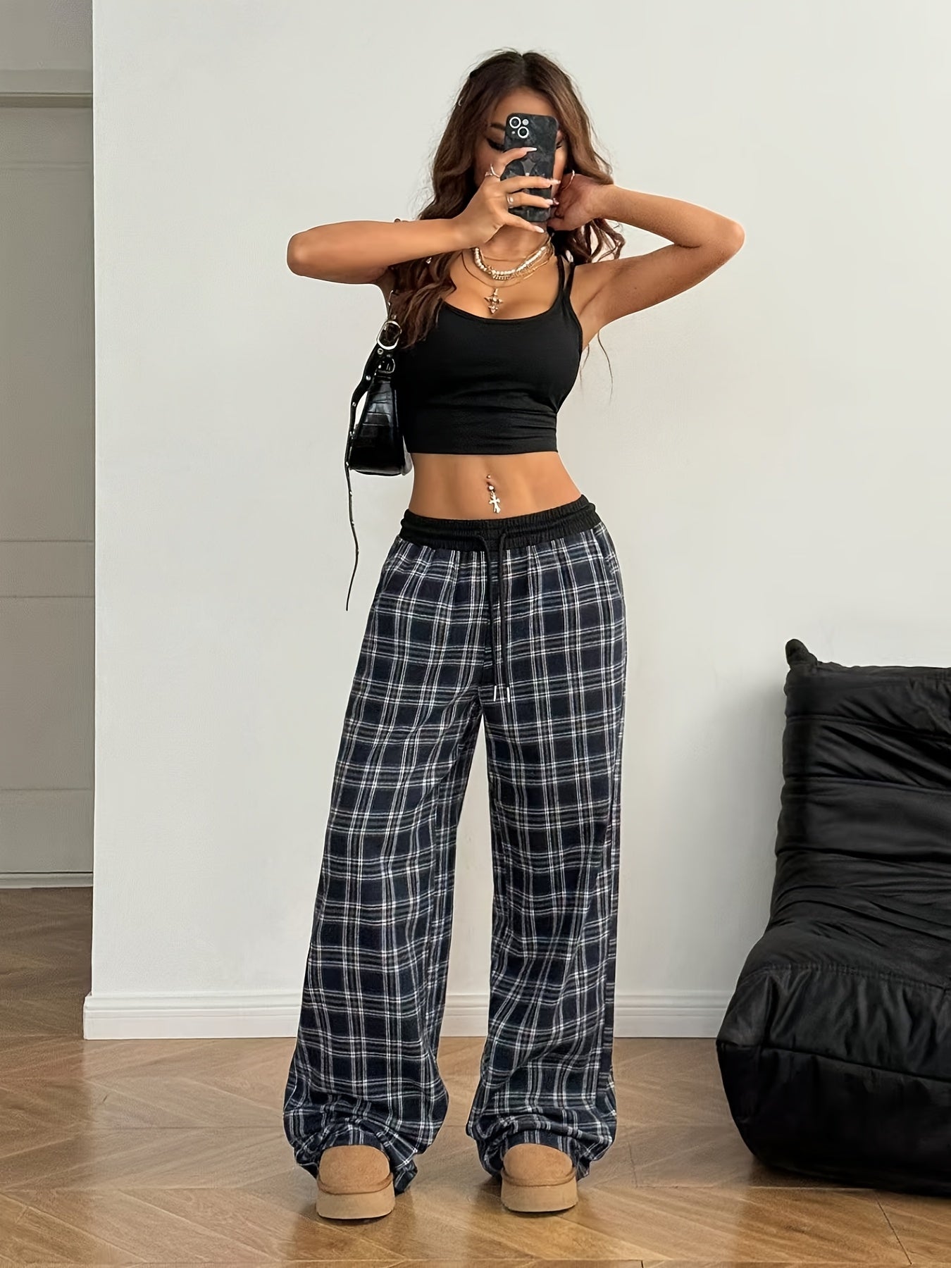 1pc Black White Plaid High Waist Wide Leg Pants for Women, Gift for Girlfriend Best Friend, Daily Outing Loungewear French Retro Pants, Comfy Chic Trousers with Slouchy Fit