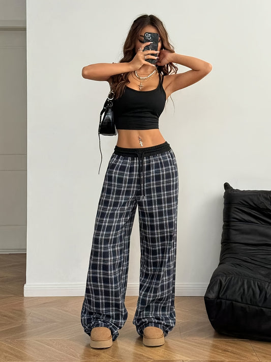 1pc Black White Plaid High Waist Wide Leg Pants for Women, Gift for Girlfriend Best Friend, Daily Outing Loungewear French Retro Pants, Comfy Chic Trousers with Slouchy Fit