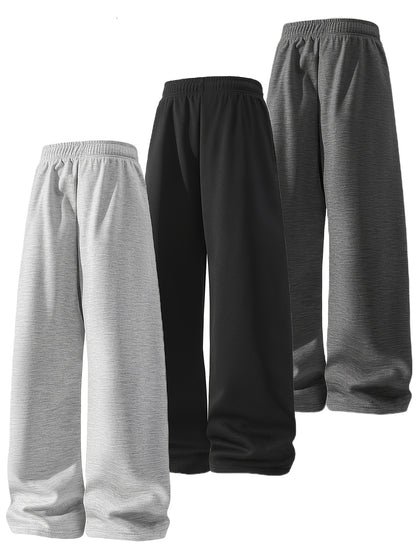 3pcs Summer Trendy All-match Long Pants [soft Knitted Joggers] Men's Soft Knitted Joggers - Loose Fit, Elastic Waist with Drawstring, Two Side Pockets - Machine Washable