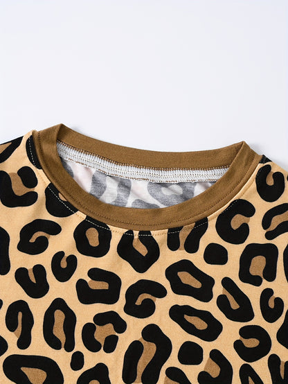 JUNBLEBABY Bamboo Fiber Skinny Pajama Set - Brown Leopard Print Long Sleeve And Pants, Stretchy Viscose Blend, Crew Neck, Casual Style for Youngsters
