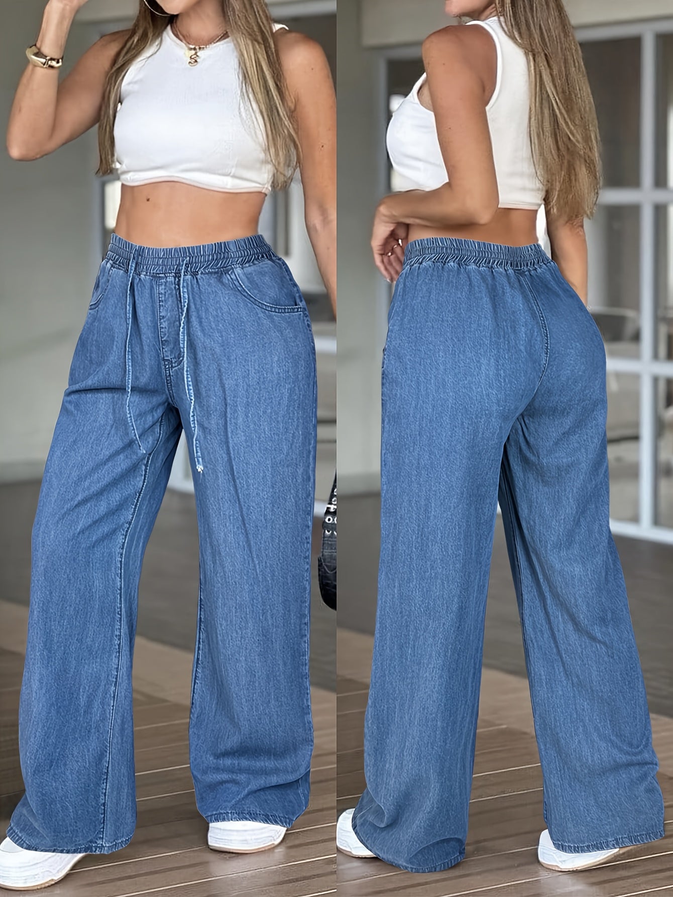 [High-Waisted Comfortable Jeans] Women's Solid Color High-Waisted Straight Jeans, Drawstring Elastic Waistband Design, Loose Fit Version, All-Season Casual Trousers, Lightweight Comfortable Wide Leg Pants Suitable for Everyday Wear