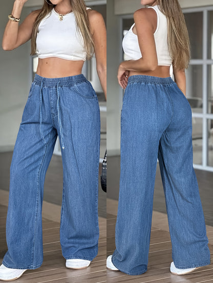 [High-Waisted Comfortable Jeans] Women's Solid Color High-Waisted Straight Jeans, Drawstring Elastic Waistband Design, Loose Fit Version, All-Season Casual Trousers, Lightweight Comfortable Wide Leg Pants Suitable for Everyday Wear