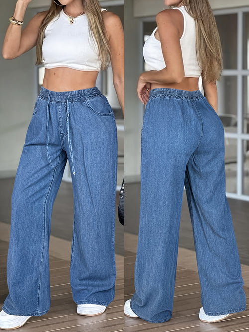 [High-Waisted Comfortable Jeans] Women's Solid Color High-Waisted Straight Jeans, Drawstring Elastic Waistband Design, Loose Fit Version, All-Season Casual Trousers, Lightweight Comfortable Wide Leg Pants Suitable for Everyday Wear