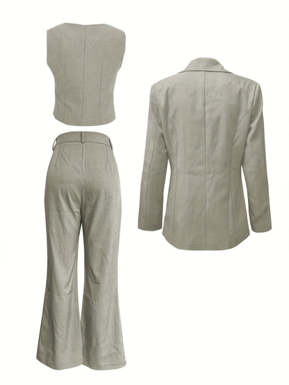 Autumn and Winter Women's Solid Color Casual Elegant Long Sleeve Suit Jacket, Slim Fit Blazer with Single-Breasted Short Sleeve Vest Top, Slim Fit Pants, Professional 3pcs Suit Set for Outdoors Office Wear