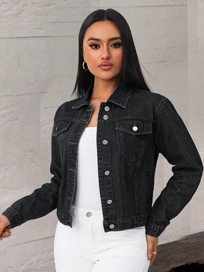 Women Black Denim Jacket Classic Button Front Long Sleeve Casual Outerwear Stylish Collared Short Coat with Pockets Soft Durable Fashion Streetwear Versatile All Season Layering Piece Comfortable Trendy Daily Outfit Essential Chic Modern Denim Style