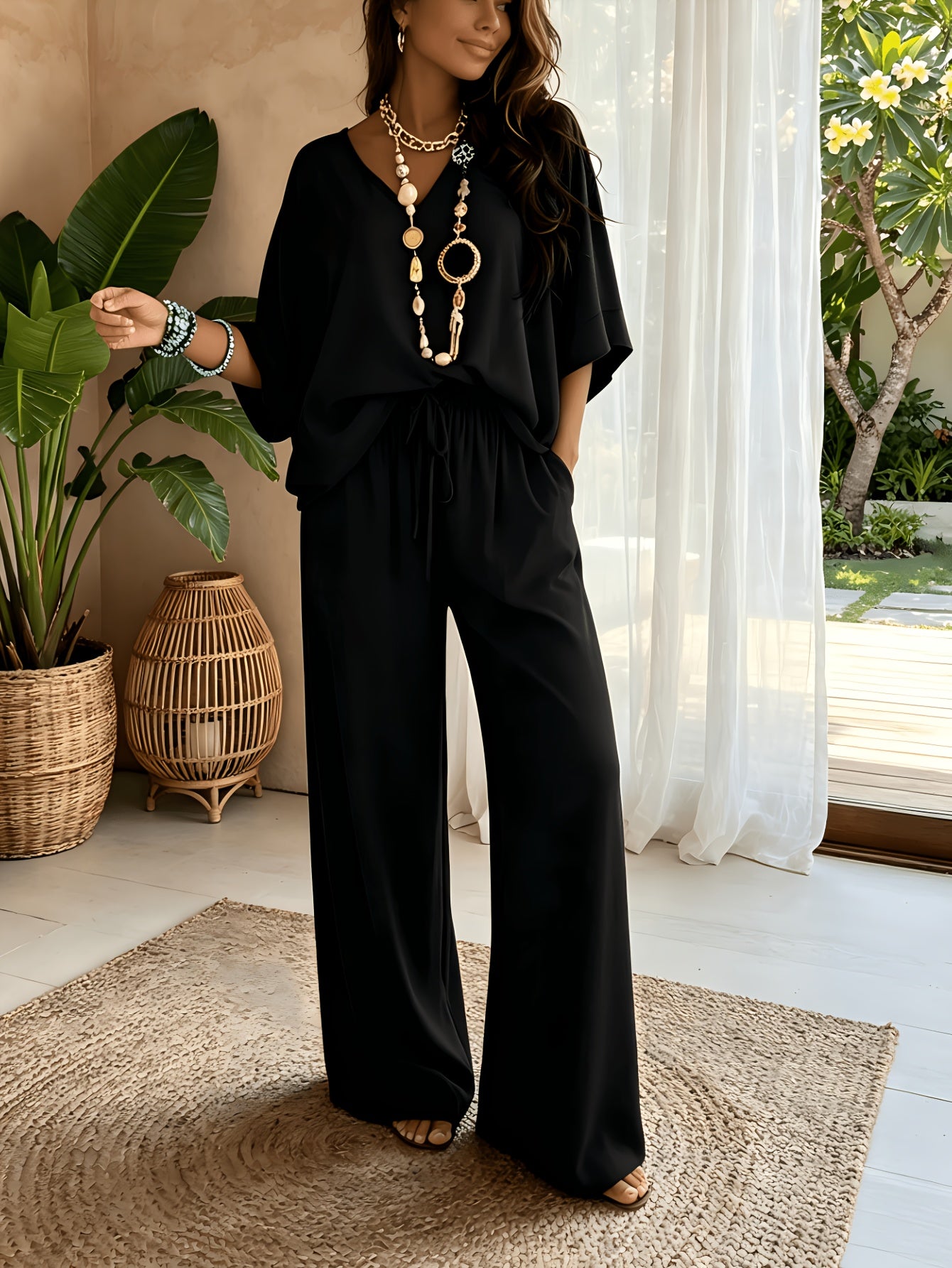 Women'S 2pcs V-Neck Wide Leg Pants Set - Boho Short Sleeve Loose Top & Drawstring Waist Outfit, Summer Beach Loungewear For Vacation, Perfect For Holiday And Daily Wear