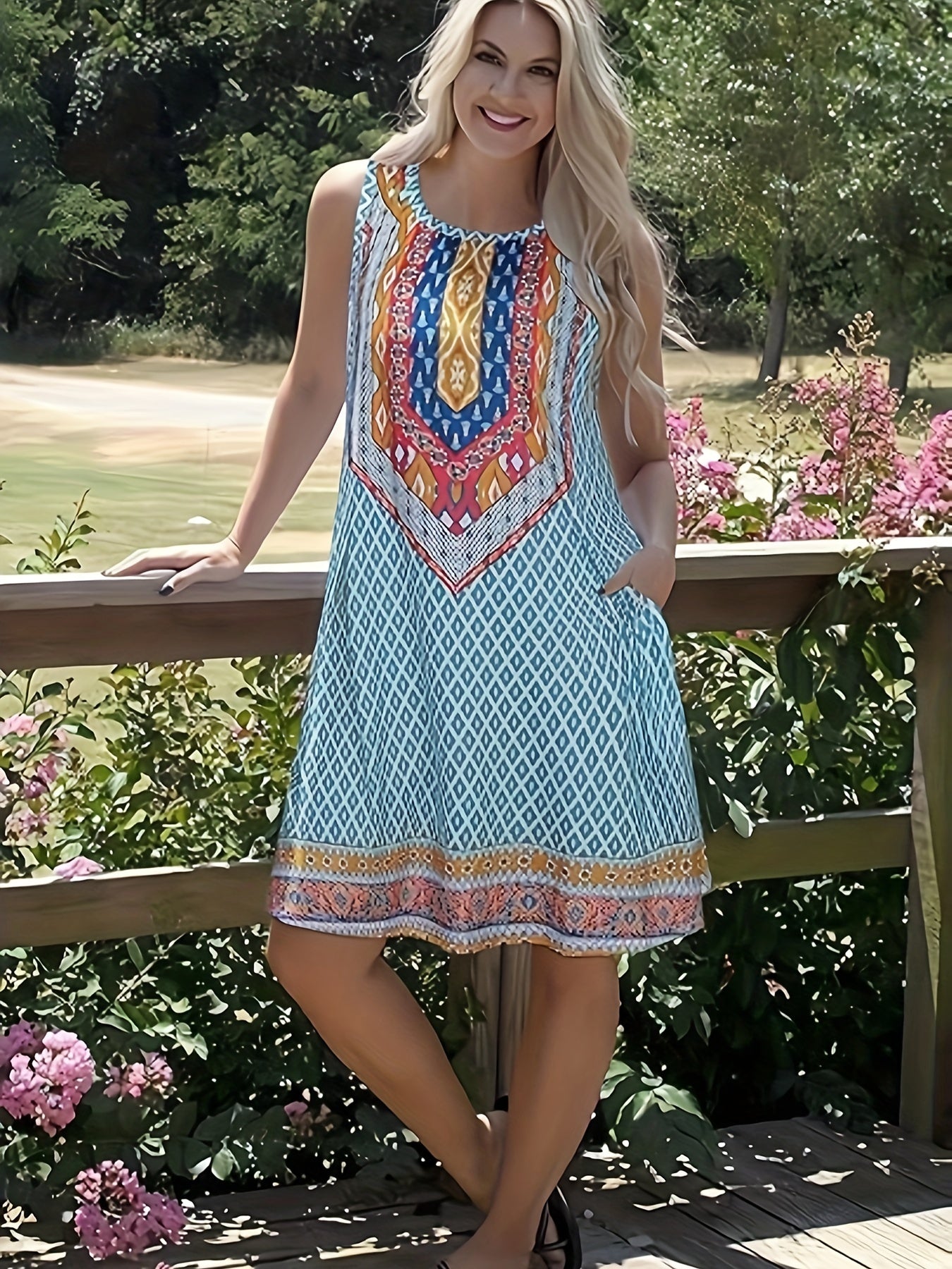Women's Boho Summer Dress with Pockets - Sleeveless A-Line Beach Dress, Breathable Bohemian Sundress for Vacation, Pool & Outdoor Activities, Casual Spring Summer Dress with Pocket (Hand Washable)