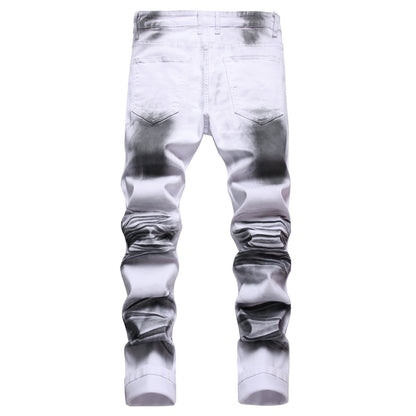 Men'S Print Jeans Stretch Casual Slim Long Casual Pants | Mid Waist, Regular Fit, Zipper Fly, All-season, Washed Detail