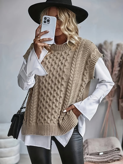 Women's Cable Sweater Vest - Sleeveless Round Neck Slit Hem Blouse, Solid Color Medium-Elastic Knitwear for Spring Summer Fall Layering, Casual & Semi-Formal Wear (Hand Washable)