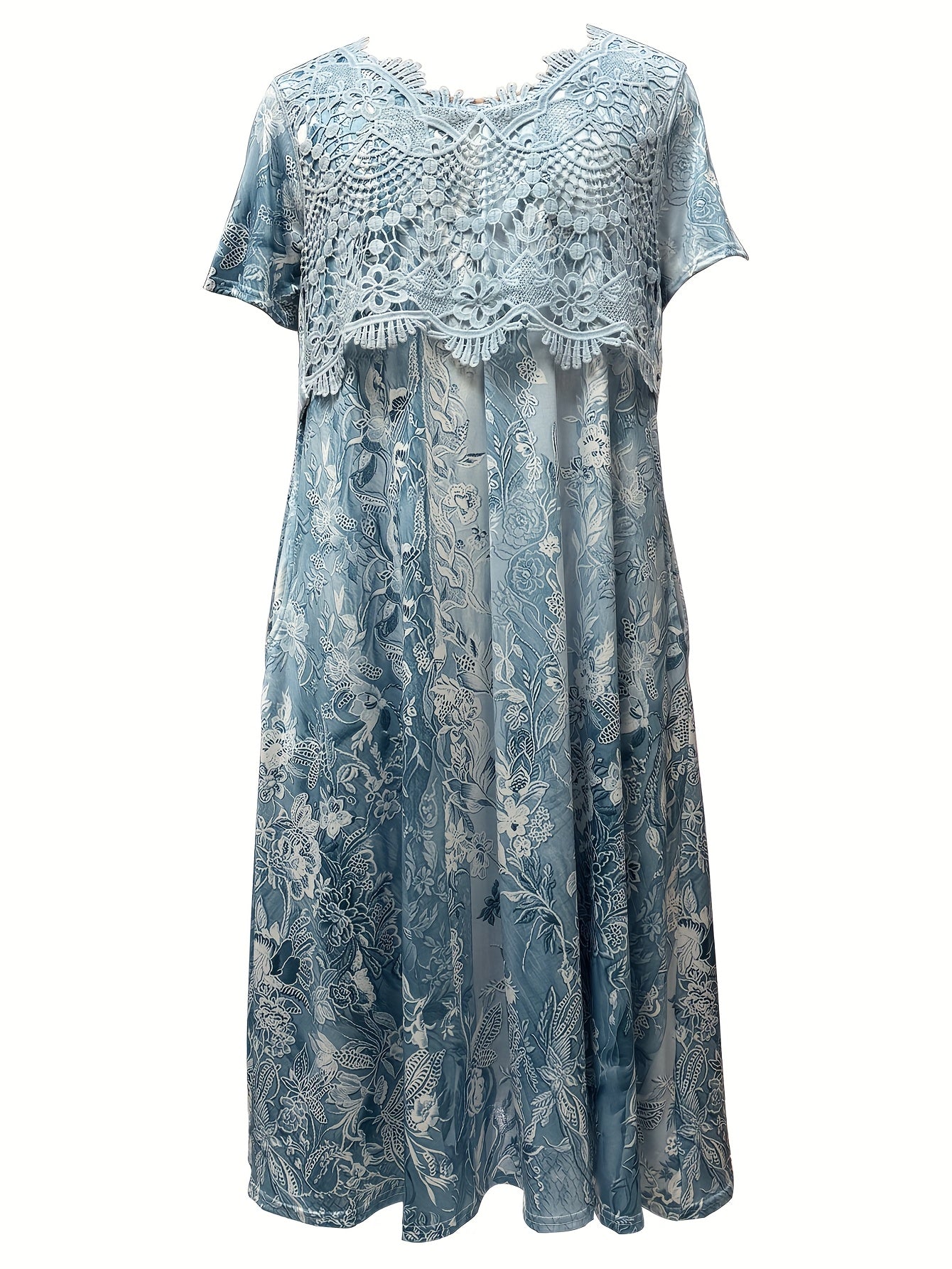 Plus Size Flower Print Midi Dress with Lace Neck and Short Sleeve